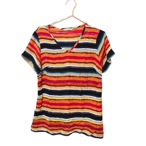 Soft surroundings striped metallic sequins v neck short sleeved top size… - Picture 1 of 7